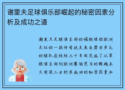 谢里夫足球俱乐部崛起的秘密因素分析及成功之道